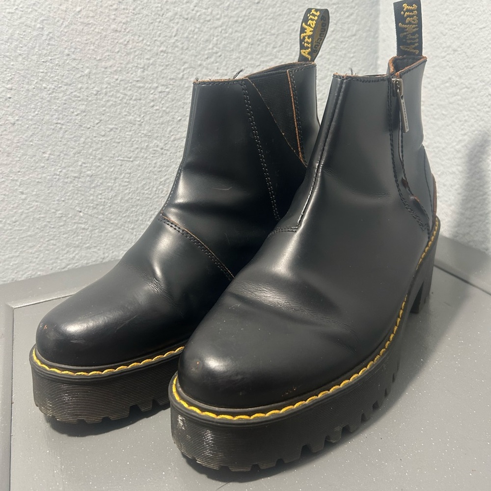 Dr. Martens Romnetty II Black Leather Platform Ankle Boots with Yellow Stitching
